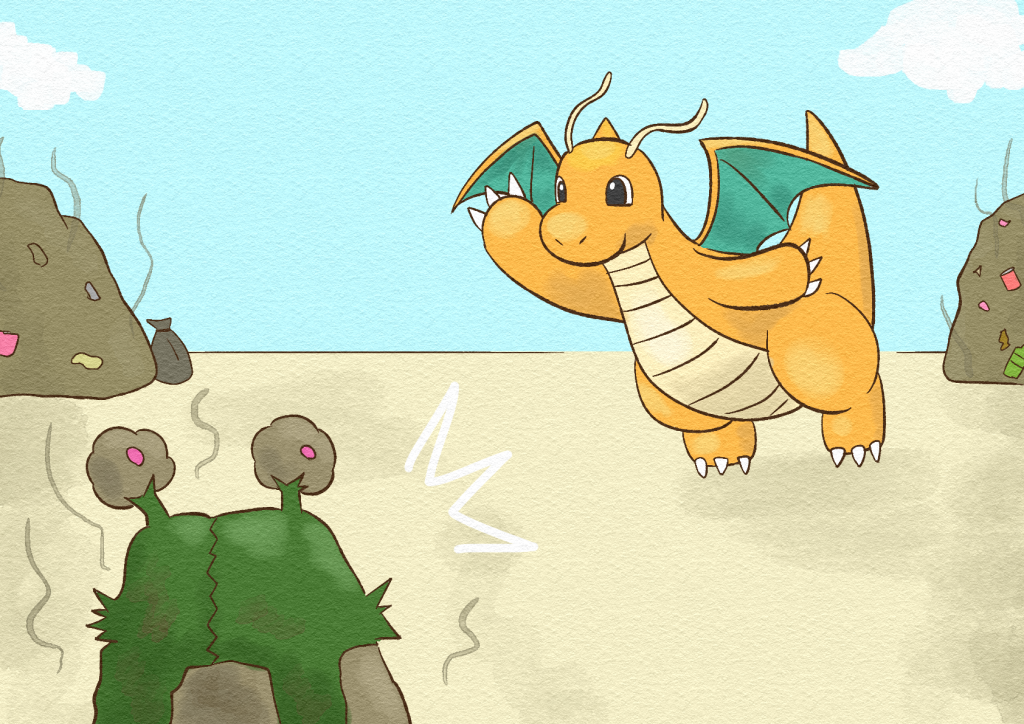 Zain the Dragonite swoops down to say hi to Mallow the Garbodor at his toxic rubbish dump.