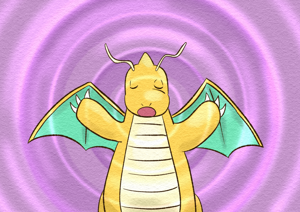 A purple aura surrounds Zain the Dragonite as he casts a protective spell to allow him to withstand Mallow's increased toxic odour.