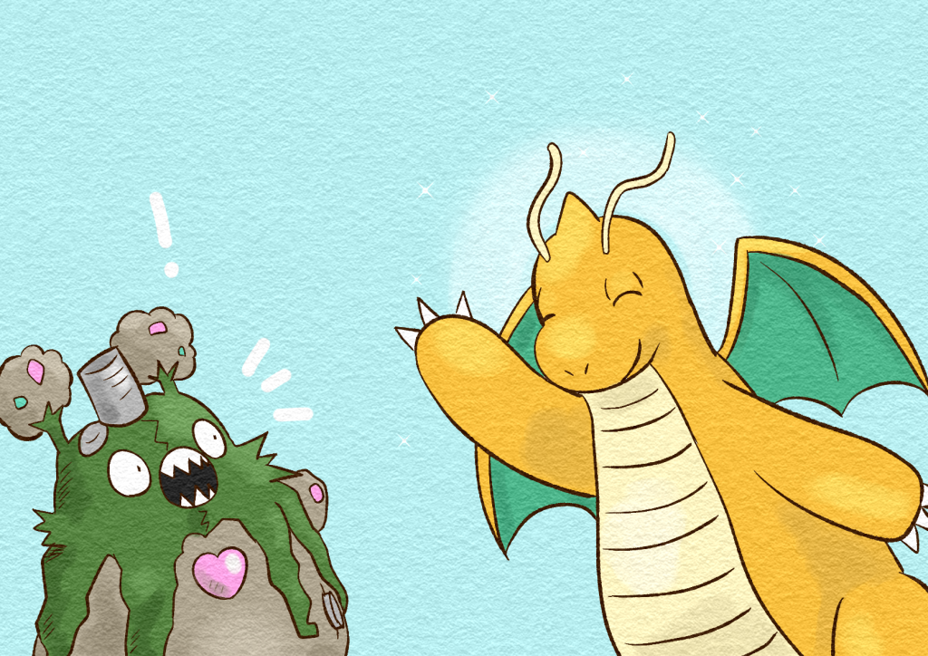 Now protected from Mallow's stench, Zain the Dragonite returns to say "hi" to his Garbodor buddy.