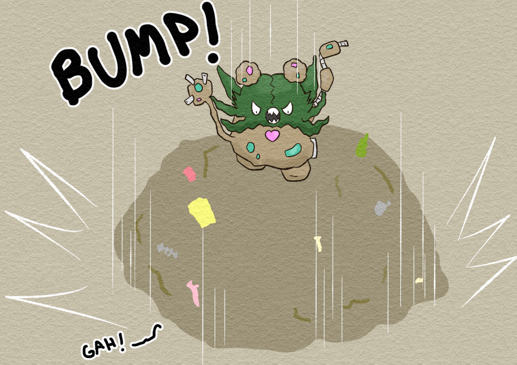Jinji the Gengar is buried underneath a huge pile of rubbish that has fallen from a nearby  heap. Mallow the Garbodor leaps out of the heap and taunts Jinji for falling into his trap.