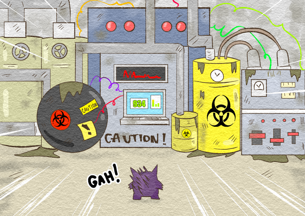 Jinji comes face-to-face with a humoungous machine with pipes and wires connecting up numerous barrels marked with biohazard symbols. Sludge and gas leaks all over the machine and warning labels are everywhere. A computer lies in the centre of the machine's lowest point, with "Caution!" graffiti'd underneath.