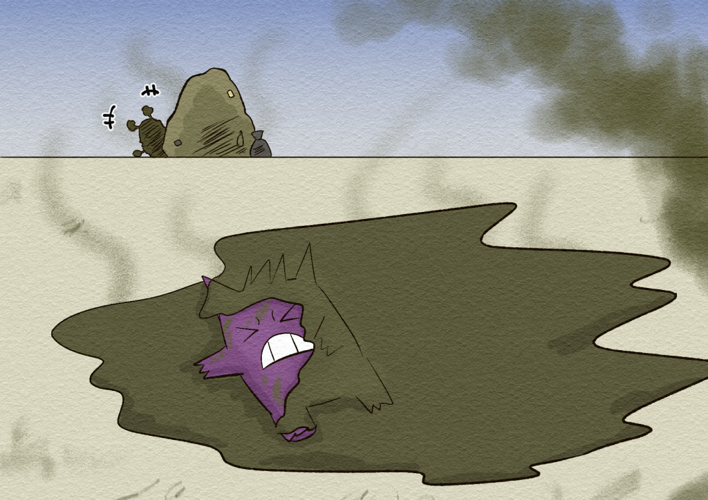 Jinji the Gengar lies unconscious and half-submerged in a pool of stinky, toxic sludge and dirt, as smoke and gas dissipates around him. In the background, Mallow the Garbodor peers out from behind a large rubbish heap and laughs.