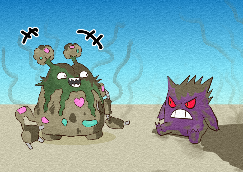 An even dirtier and smellier than usual Mallow the Garbodor emerges and laughs at the sludge-covered Jinji.