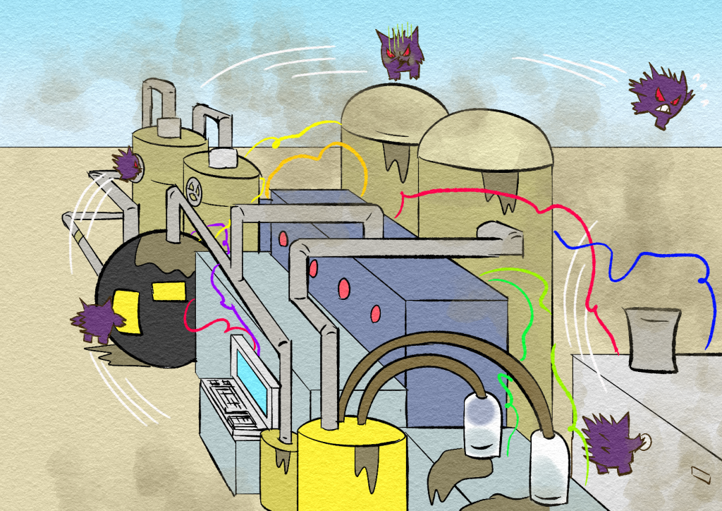 An isometric colour drawing of the entire length of Mallow's Malodorous Machine, with views of Jinji floating around and attempting to tackle various elements all around.