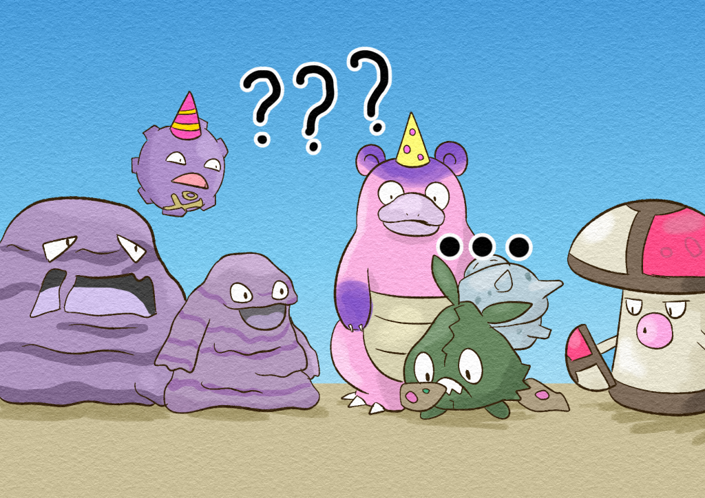A series of Poison Pokémon are waiting for the party to begin