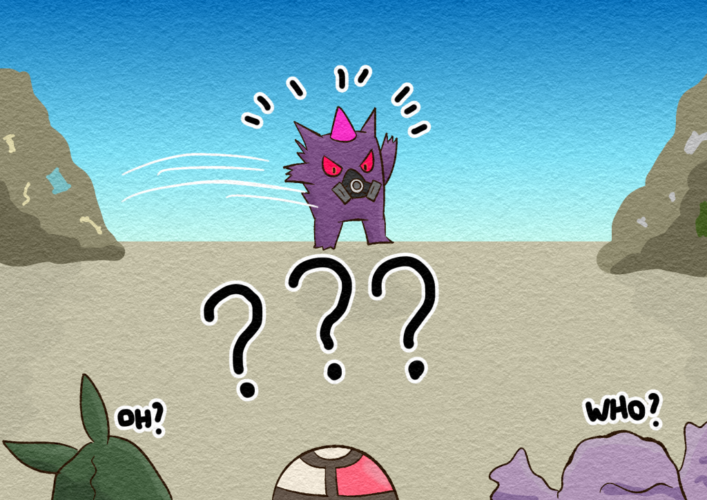 A gas-masked Jinji emerges to greet a group of Poison Pokémon