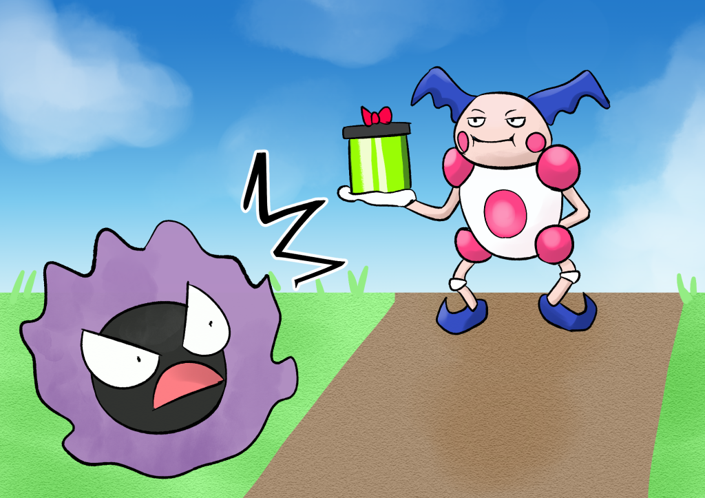 Gaspar looks shocked as a mysterious Mr. Mime unexpectedly appears to him, offering a personal gift for Jinji.