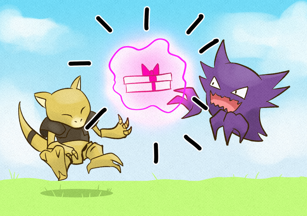 AsianKid the Abra floats above the ground and summons a small present in mid-air in front of the impressed Phantisserie.