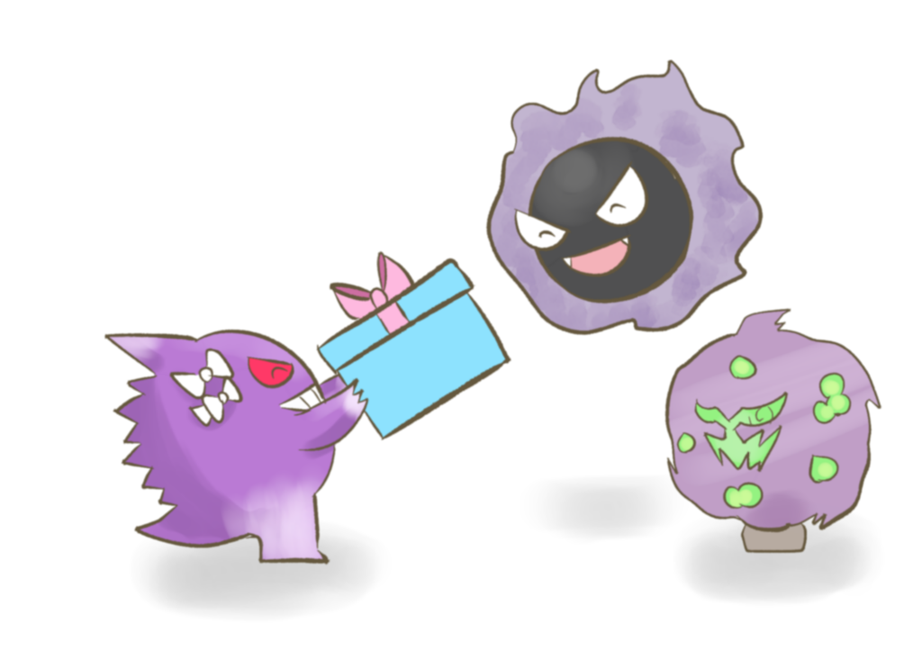 Kitty, in an updated design featuring two white bows on her side, happily hands over a blue present with a pink bow to Gaspar and Enigma.