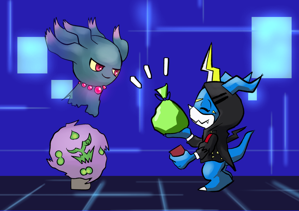 Inside what appears to be some sort of virtual reality, Zain the Veemon, wearing a Lightdramon hoodie, hands Celeste and Enigma a tied-up green bag, as well as a small digital tablet.