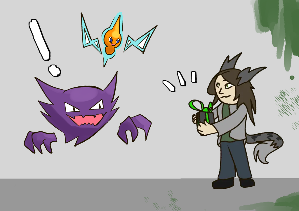 Cat hands over his gift for Jinji to Phantisserie and Alessandro. Her gift is contained in a black box with a green ribbon, her signature colours.