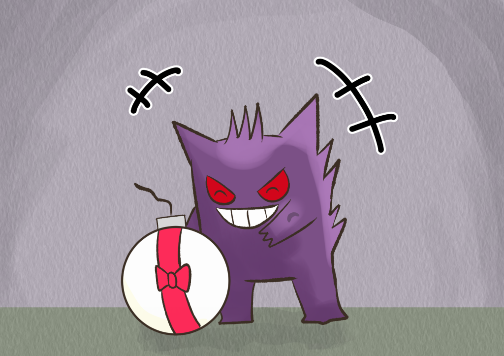 A giggling Jinji picks up a large, white gift bomb with a red ribbon and bow.