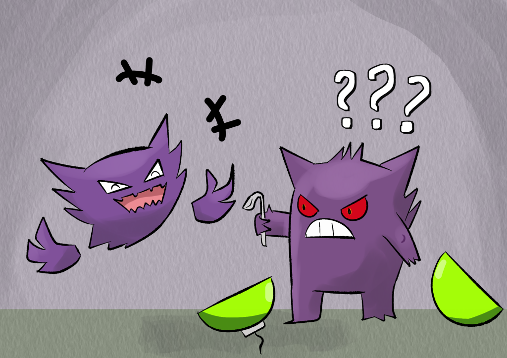 Jinji the Gengar stands between the outer shell halves of an exploded green gift bomb, holding a TwistedSpoon in confusion, as Phantisserie laughs at the silliness of the gift Jinji just received.