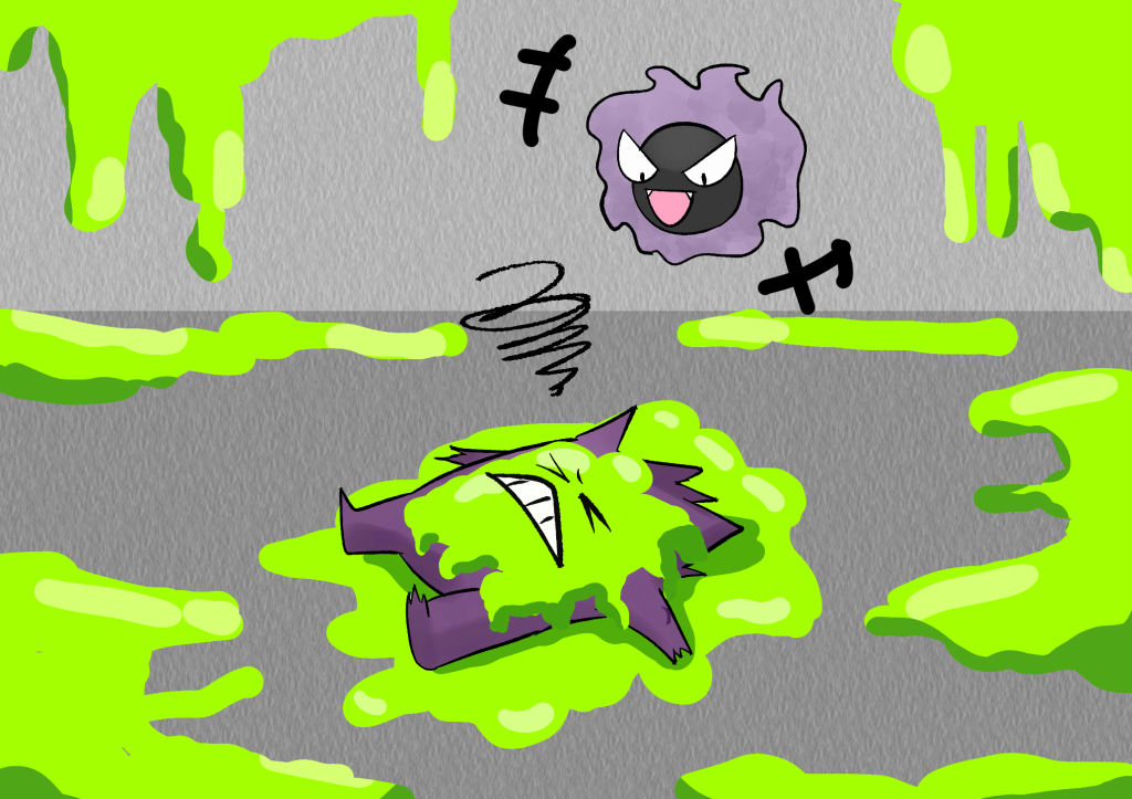 Jinji lies dazed on the floor in a pile of slime that also coats his body, as various other large globs of slime drip from the walls and ceiling, as well as form various puddles on the floor. Above him, Gaspar laughs teasingly.