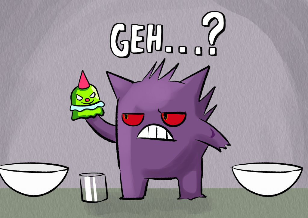 Jinji holds a lump of toy slime dressed and decorated like a clown and stares at it with a look of confusion and derision.