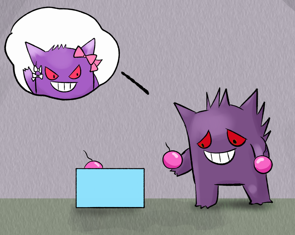 Jinji looks adoringly at a series of small pink slime bombs contained in a blue present he's just opened. Kitty waves to him in a cutaway, indicating her as the gifter.