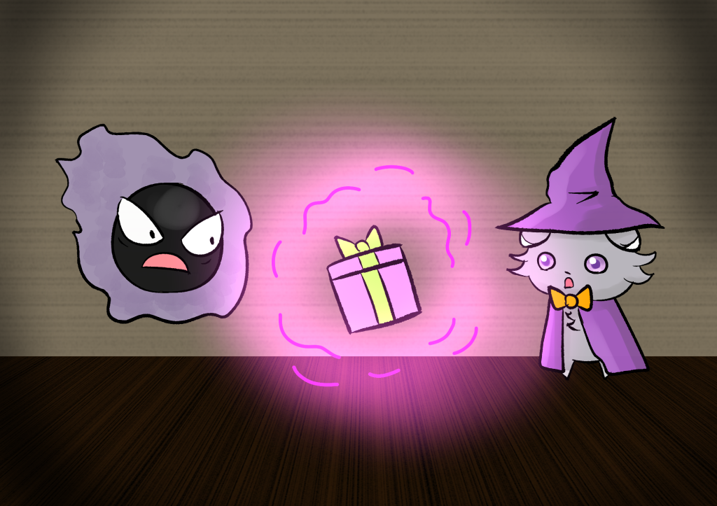 Charlotte the Espurr witch magically summons a present in mid-air in front of a shocked Gaspar.