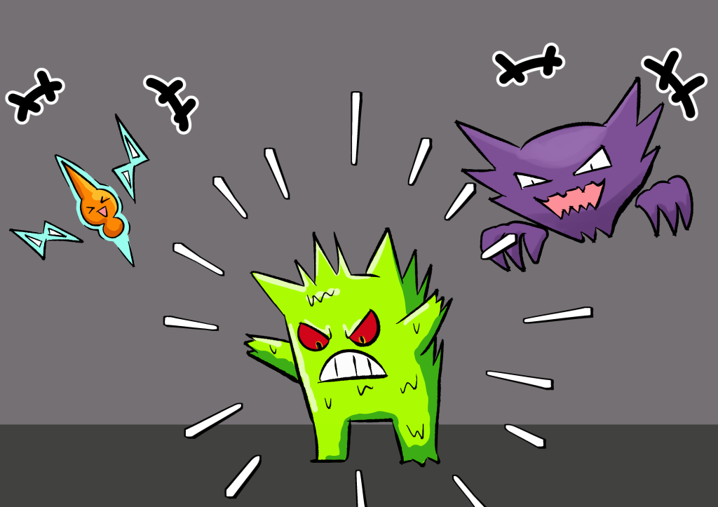 Jinji's ghostly body has been magically transformed into slime! As Jinji expresses shock at his newfound form, Phantisserie and Alessandro laugh at his predicament.