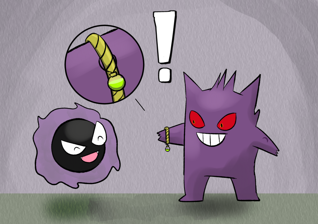 Jinji models a decorative gold bracelet, featuring a miniature slime bomb charm, as Gaspar looks on and smiles.