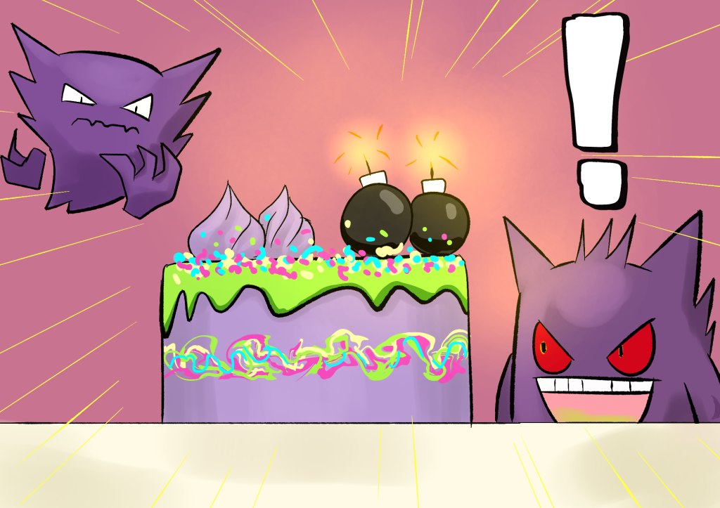 Jinji is presented with a purple cake featuring a dripping, slime-green icing, and a decorative swirl around its centre made up of a series of colours wound together, intended to symbolise the unity of all of Jinji's friends. Two candles, resembling small cartoon bombs, and two decorate purple mounds of icing adorn the top of the cake, and the cake is completed with a smattering of sprinkles on the top. As Jinji gazes at the cake in awe, Phantisserie taps a hand against her chin, looking somewhat pensive.