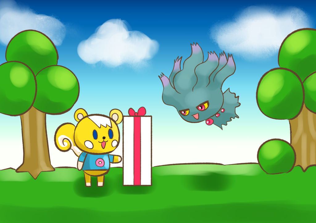 Celeste speaks to Cookie, a yellow Animal Crossing-style squirrel wearing a blue shirt with a front print of a pink doughnut. Cookie presents Celeste with a tall but thin present, in a white box with a red ribbon.