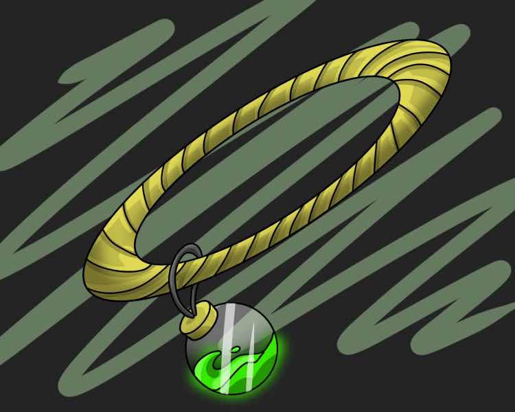 A solid gold bracelet with a kneaded pattern. Attached to the bracelet is a small, globe-shaped glass charm. The charm resembles a miniature slime bomb, and a small amount of slime is even visible inside the clear glass walls, glowing ominously. The bomb's "fuse" forms a loop that keeps it attached to the bracelet.