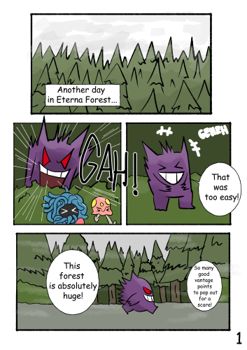 Another day in Eterna Forest... (Jinji pops out from behind a bush and scares a bunch of basic Pokémon, then laughs at their fright) "This forest is absolutely huge! There are so many good vantage points to pop out for a scare!"